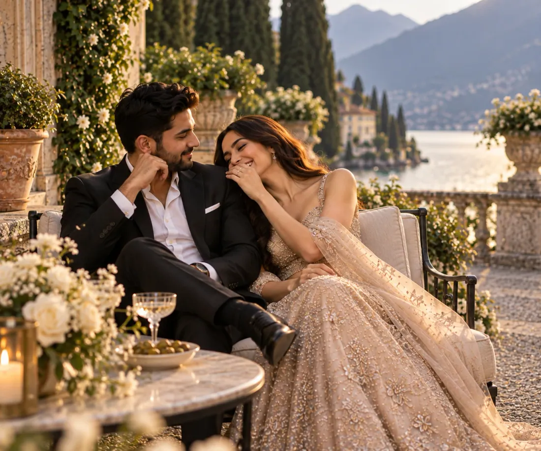 The couple on a terrace at golden hour