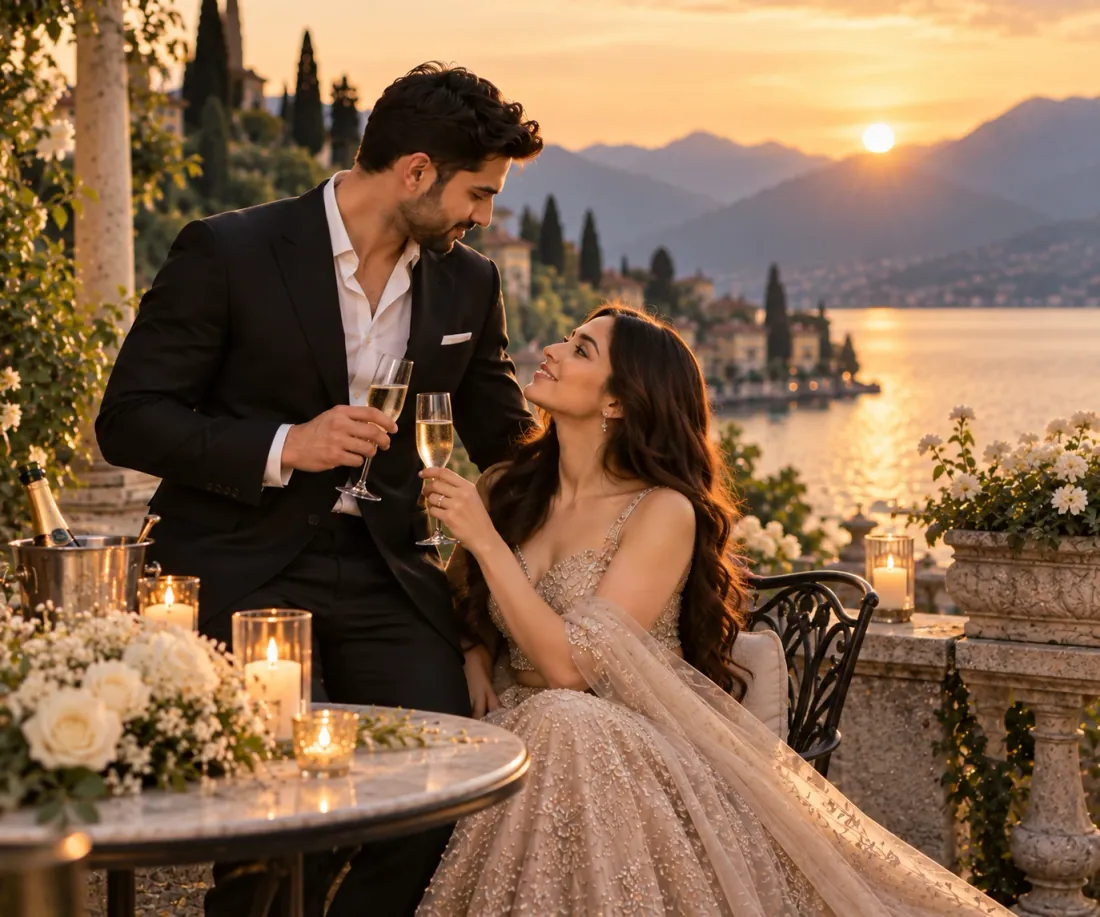 The couple raising a toast by the lake